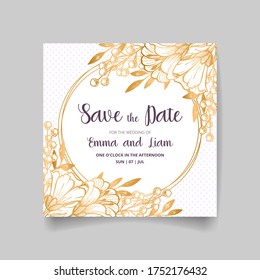 Wedding invitation card, save the date with golden frame, flowers, leaves and branches.