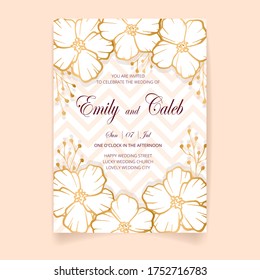 Wedding invitation card, save the date with golden frame, flowers, leaves and branches.
