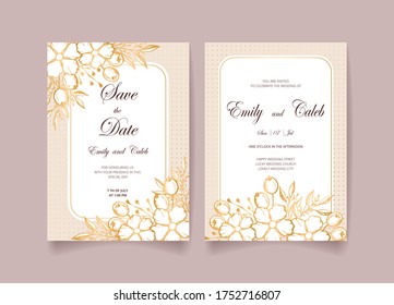 Wedding invitation card, save the date set with golden frame, flowers, leaves and branches.
