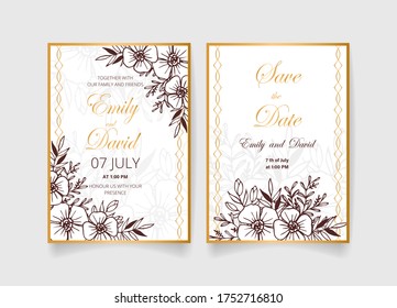 Wedding invitation card, save the date set with golden frame, flowers, leaves and branches.
