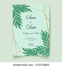 Einladungskarte Hochzeit, speichern Sie das Datum mit goldenem Rahmen, Blumen, Blättern und Ästen.

