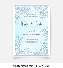 Wedding invitation card, save the date with watercolor background, golden flowers, leaves and branches.
