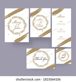 Wedding Invitation Card with Save The Date, Menu, Table No, Thank You Template Layout and Brown Brush Stroke Effect.