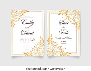 Wedding invitation card, save the date with watercolor , golden frame, flowers, leaves and branches.