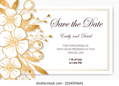 Wedding invitation card, save the date with watercolor , golden frame, flowers, leaves and branches.