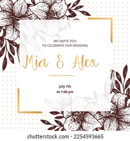 Wedding invitation card, save the date with watercolor , golden frame, flowers, leaves and branches.