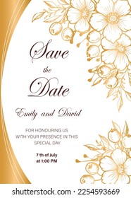 Wedding invitation card, save the date with watercolor , golden frame, flowers, leaves and branches.