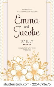 Wedding invitation card, save the date with watercolor , golden frame, flowers, leaves and branches.