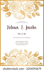 Wedding invitation card, save the date with watercolor , golden frame, flowers, leaves and branches.