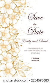 Wedding invitation card, save the date with watercolor , golden frame, flowers, leaves and branches.