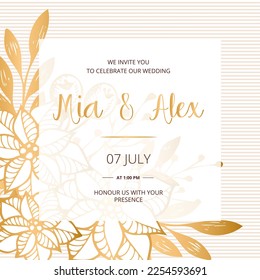 Wedding invitation card, save the date with watercolor , golden frame, flowers, leaves and branches.