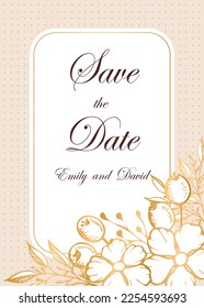 Tarjeta de invitación de boda, guardar la fecha con acuarela , marco dorado, flores, hojas y ramas.