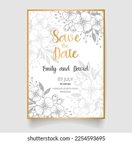 Tarjeta de invitación de boda, guardar la fecha con acuarela , marco dorado, flores, hojas y ramas.