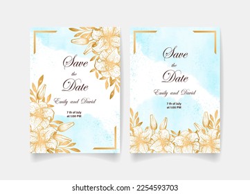 Wedding invitation card, save the date with watercolor , golden frame, flowers, leaves and branches.