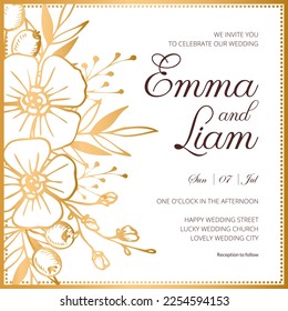 Wedding invitation card, save the date with watercolor , golden frame, flowers, leaves and branches.