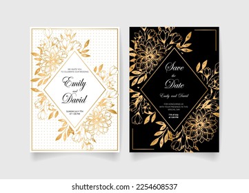 Wedding invitation card, save the date with golden frame, flowers, leaves and branches.
