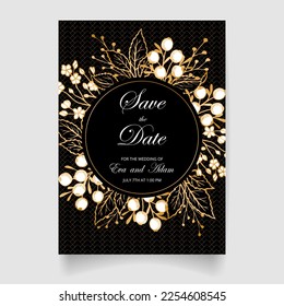 Tarjeta de invitación de boda, guardar la fecha con marco dorado, flores, hojas y ramas.
