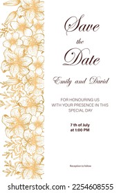 Wedding invitation card, save the date with golden frame, flowers, leaves and branches.
