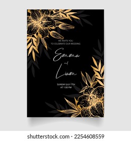 Wedding invitation card, save the date with golden frame, flowers, leaves and branches.
