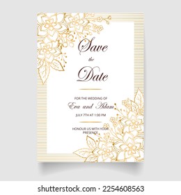 Wedding invitation card, save the date with golden frame, flowers, leaves and branches.
