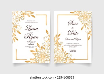 Wedding invitation card, save the date with golden frame, flowers, leaves and branches.
