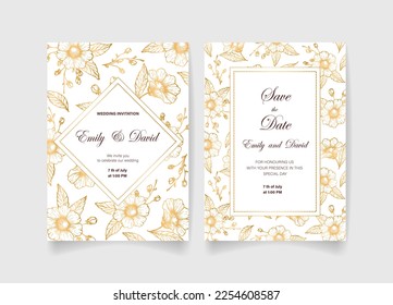 Wedding invitation card, save the date with golden frame, flowers, leaves and branches.
