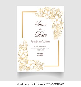 Wedding invitation card, save the date with golden frame, flowers, leaves and branches.
