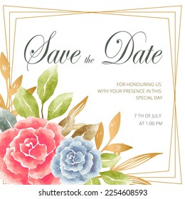 Wedding invitation card, save the date with golden frame, flowers, leaves and branches.
