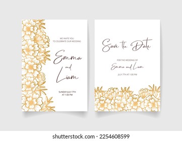 Wedding invitation card, save the date with golden frame, flowers, leaves and branches.
