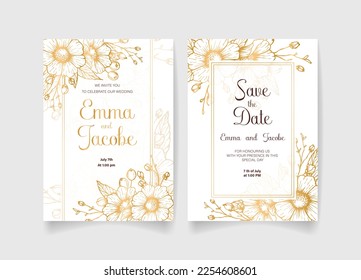 Wedding invitation card, save the date with golden frame, flowers, leaves and branches.
