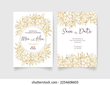 Wedding invitation card, save the date with golden frame, flowers, leaves and branches.
