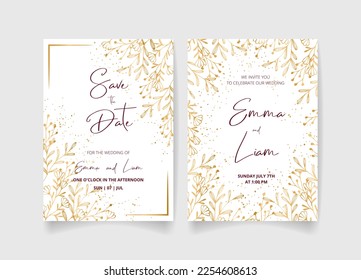Wedding invitation card, save the date with golden frame, flowers, leaves and branches.
