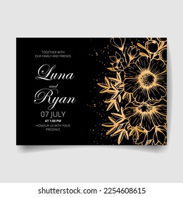 Wedding invitation card, save the date with golden frame, flowers, leaves and branches.
