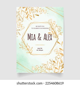 Wedding invitation card, save the date with golden frame, flowers, leaves and branches.
