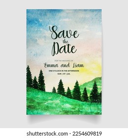 Wedding invitation card, save the date with watercolor beautiful landscape.