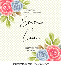 Wedding invitation card, save the date with watercolor flowers, leaves and branches.