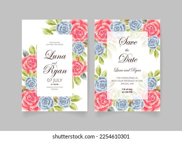 Tarjeta de invitación de boda, guardar la fecha con flores acuarelas, hojas y ramas.