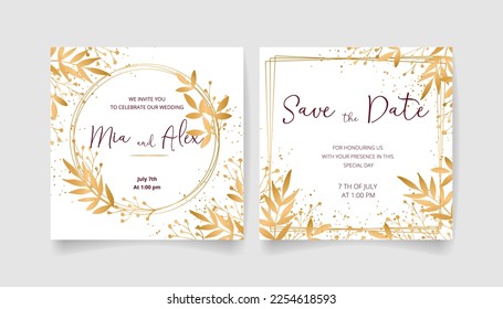 Wedding invitation card, save the date with golden frame, flowers, leaves and branches.
