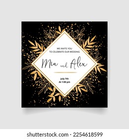 Wedding invitation card, save the date with golden frame, flowers, leaves and branches.
