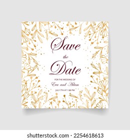 Wedding invitation card, save the date with golden frame, flowers, leaves and branches.
