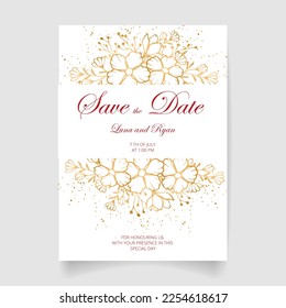 Tarjeta de invitación de boda, guardar la fecha con marco dorado, flores, hojas y ramas.
