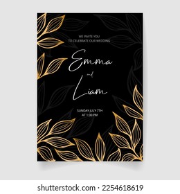 Wedding invitation card, save the date with golden frame, flowers, leaves and branches.
