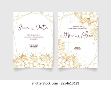 Wedding invitation card, save the date with golden frame, flowers, leaves and branches.
