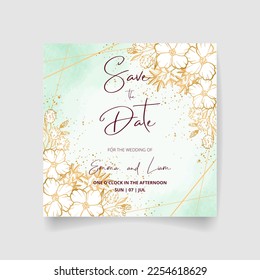 Tarjeta de invitación de boda, guardar la fecha con fondo acuarela, marco dorado, flores, hojas y ramas.
