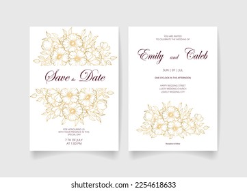 Wedding invitation card, save the date with golden frame, flowers, leaves and branches.
