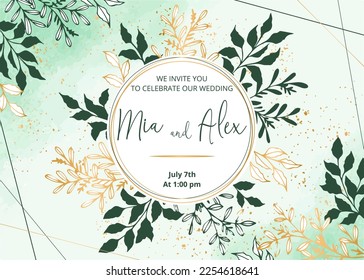 Wedding invitation card, save the date with watercolor background, golden frame, flowers, leaves and branches.
