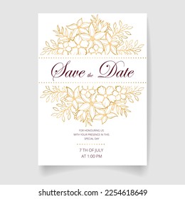 Wedding invitation card, save the date with golden frame, flowers, leaves and branches.
