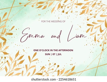 Einladungskarte Hochzeit, speichern Sie das Datum mit Aquarellhintergrund, goldenem Rahmen, Blumen, Blättern und Ästen.
