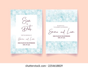 Wedding invitation card, save the date with watercolor flowers, leaves and branches.
