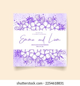 Wedding invitation card, save the date with watercolor flowers, leaves and branches.
